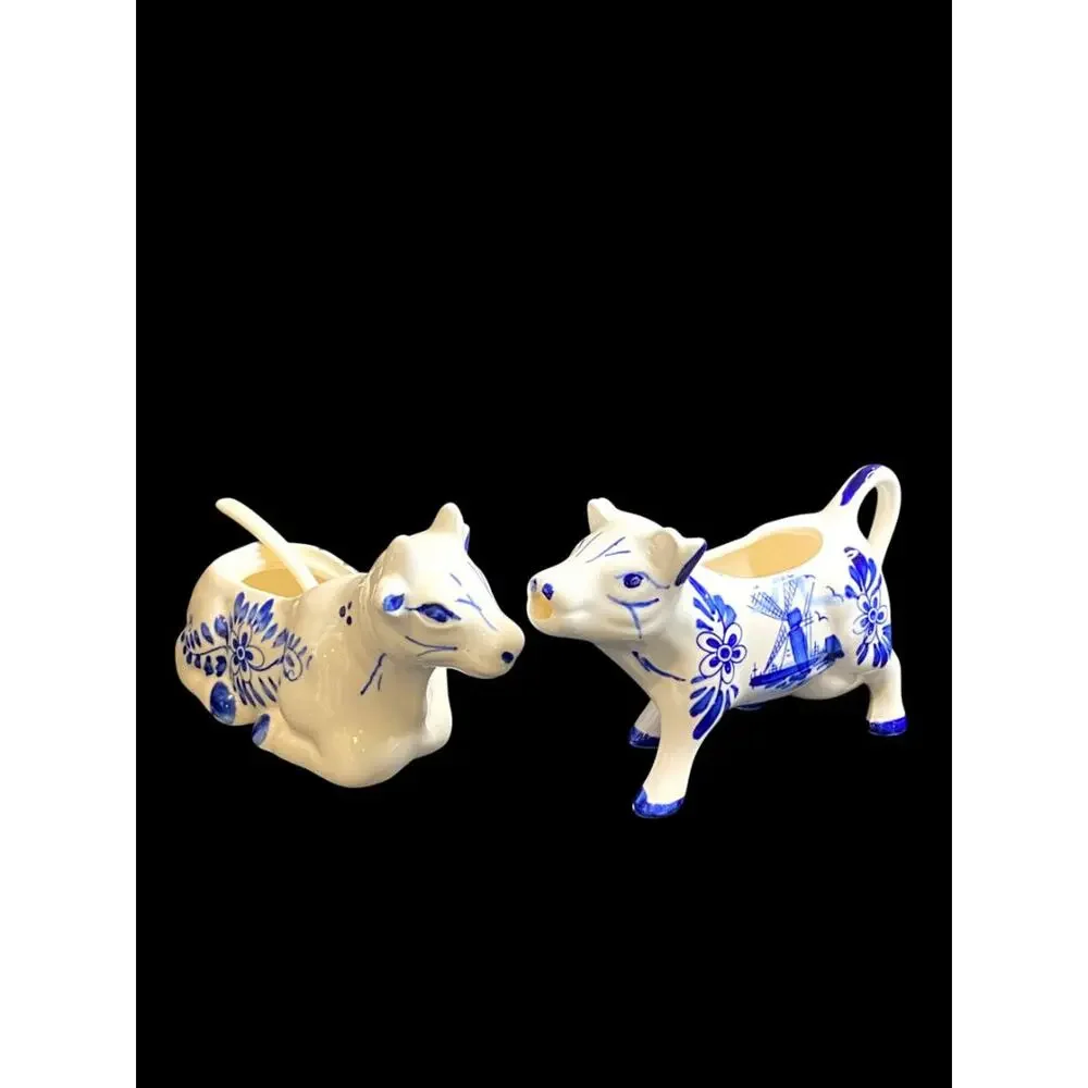 Vintage Delft Style Figural Cow Creamer and Sugar Set Windmill Design